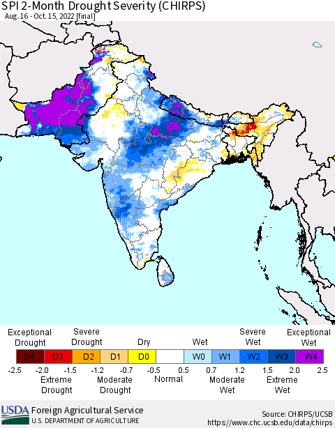 Southern Asia SPI 2-Month Drought Severity (CHIRPS) Thematic Map For 8/16/2022 - 10/15/2022