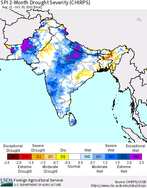 Southern Asia SPI 2-Month Drought Severity (CHIRPS) Thematic Map For 8/21/2022 - 10/20/2022