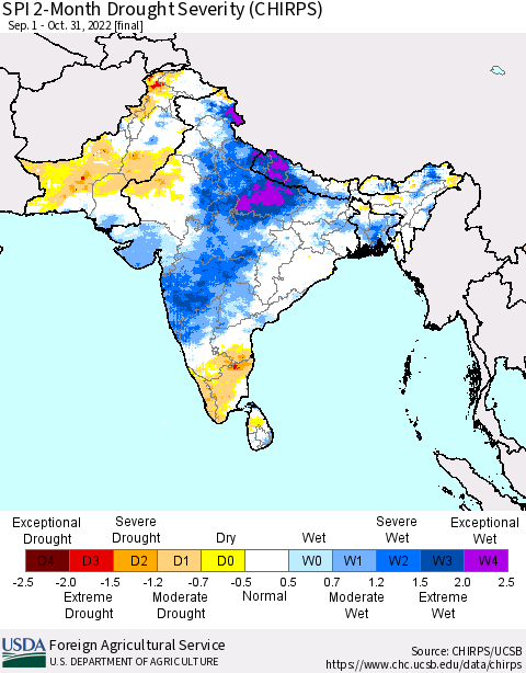 Southern Asia SPI 2-Month Drought Severity (CHIRPS) Thematic Map For 9/1/2022 - 10/31/2022