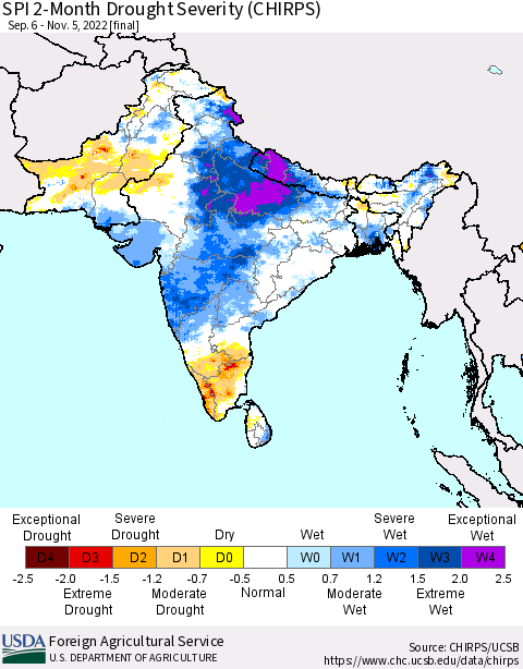 Southern Asia SPI 2-Month Drought Severity (CHIRPS) Thematic Map For 9/6/2022 - 11/5/2022
