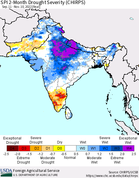 Southern Asia SPI 2-Month Drought Severity (CHIRPS) Thematic Map For 9/11/2022 - 11/10/2022