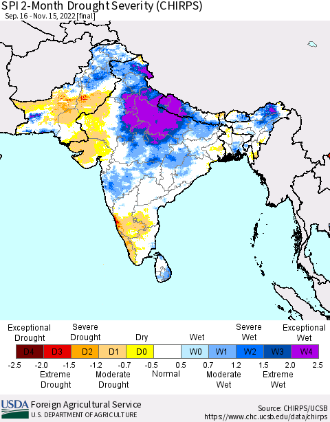 Southern Asia SPI 2-Month Drought Severity (CHIRPS) Thematic Map For 9/16/2022 - 11/15/2022