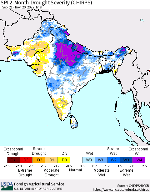 Southern Asia SPI 2-Month Drought Severity (CHIRPS) Thematic Map For 9/21/2022 - 11/20/2022
