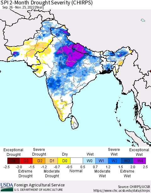 Southern Asia SPI 2-Month Drought Severity (CHIRPS) Thematic Map For 9/26/2022 - 11/25/2022