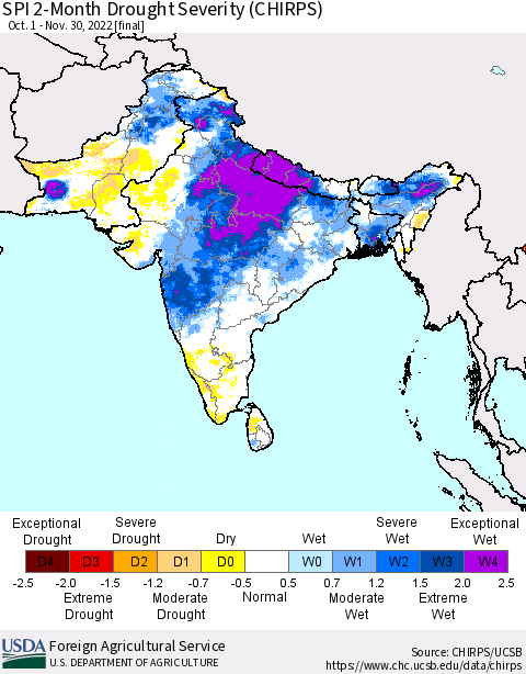 Southern Asia SPI 2-Month Drought Severity (CHIRPS) Thematic Map For 10/1/2022 - 11/30/2022