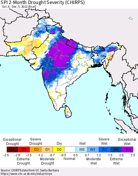 Southern Asia SPI 2-Month Drought Severity (CHIRPS) Thematic Map For 10/6/2022 - 12/5/2022