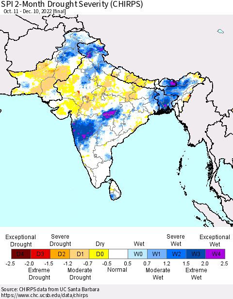 Southern Asia SPI 2-Month Drought Severity (CHIRPS) Thematic Map For 10/11/2022 - 12/10/2022