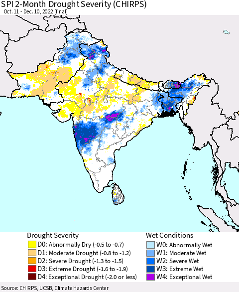 Southern Asia SPI 2-Month Drought Severity (CHIRPS) Thematic Map For 10/11/2022 - 12/10/2022