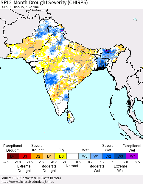 Southern Asia SPI 2-Month Drought Severity (CHIRPS) Thematic Map For 10/16/2022 - 12/15/2022
