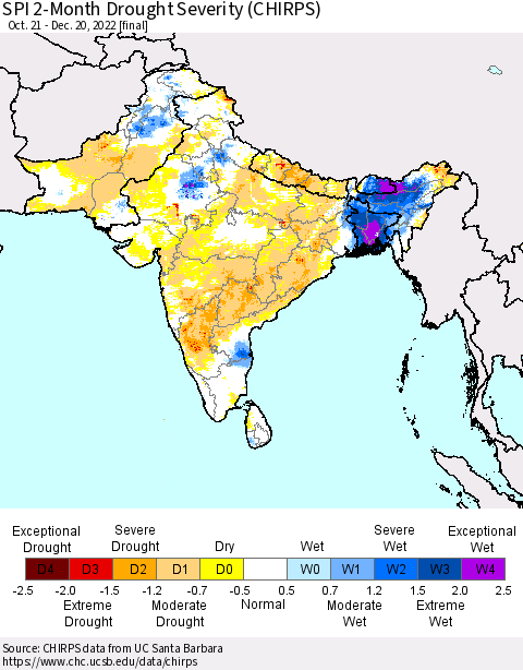 Southern Asia SPI 2-Month Drought Severity (CHIRPS) Thematic Map For 10/21/2022 - 12/20/2022
