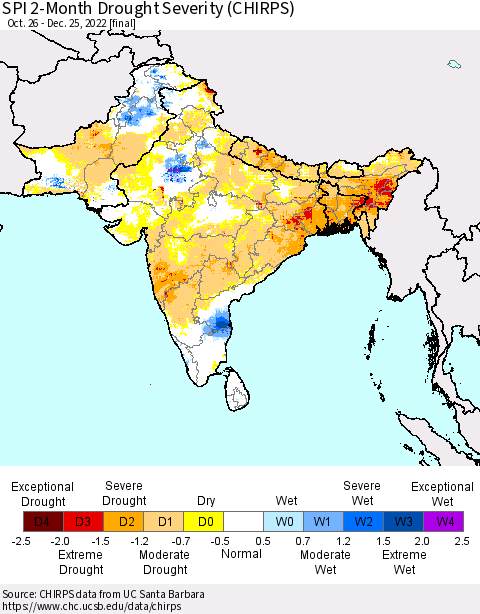 Southern Asia SPI 2-Month Drought Severity (CHIRPS) Thematic Map For 10/26/2022 - 12/25/2022