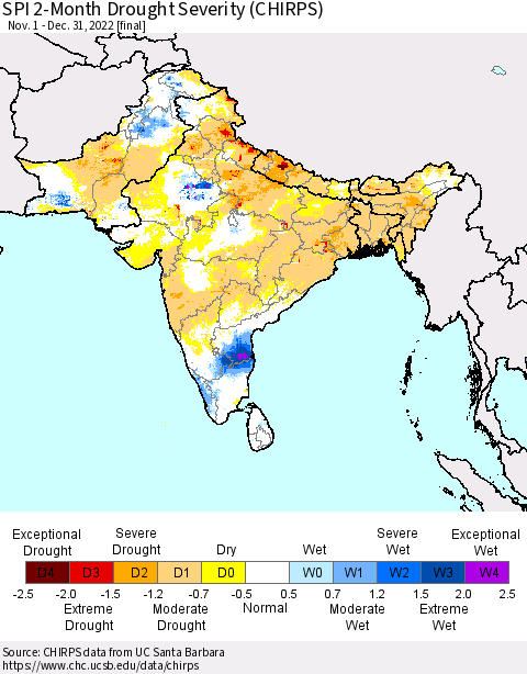 Southern Asia SPI 2-Month Drought Severity (CHIRPS) Thematic Map For 11/1/2022 - 12/31/2022