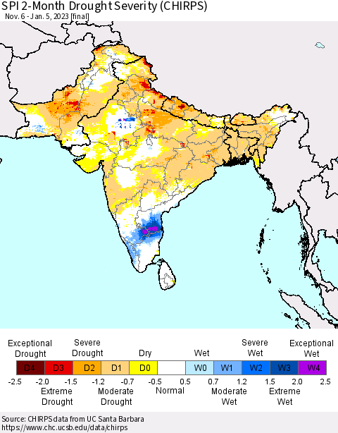 Southern Asia SPI 2-Month Drought Severity (CHIRPS) Thematic Map For 11/6/2022 - 1/5/2023