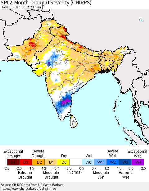 Southern Asia SPI 2-Month Drought Severity (CHIRPS) Thematic Map For 11/11/2022 - 1/10/2023