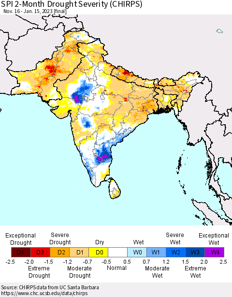 Southern Asia SPI 2-Month Drought Severity (CHIRPS) Thematic Map For 11/16/2022 - 1/15/2023