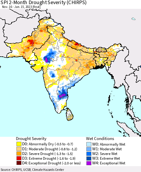 Southern Asia SPI 2-Month Drought Severity (CHIRPS) Thematic Map For 11/16/2022 - 1/15/2023