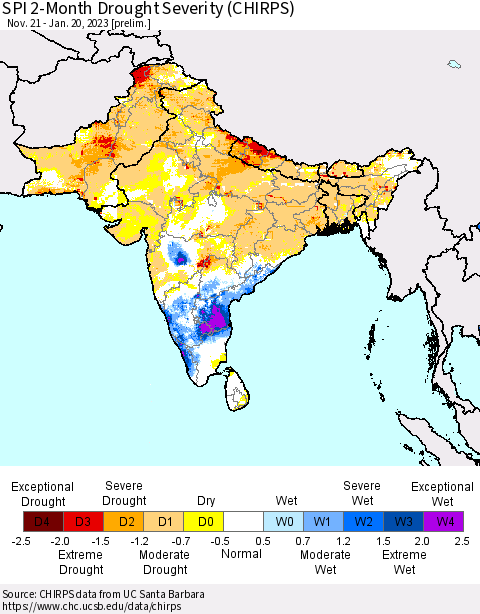 Southern Asia SPI 2-Month Drought Severity (CHIRPS) Thematic Map For 11/21/2022 - 1/20/2023