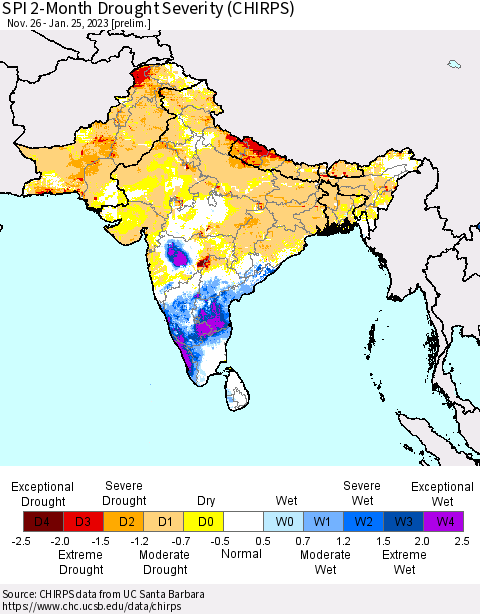 Southern Asia SPI 2-Month Drought Severity (CHIRPS) Thematic Map For 11/26/2022 - 1/25/2023