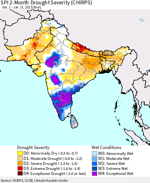 Southern Asia SPI 2-Month Drought Severity (CHIRPS) Thematic Map For 12/1/2022 - 1/31/2023