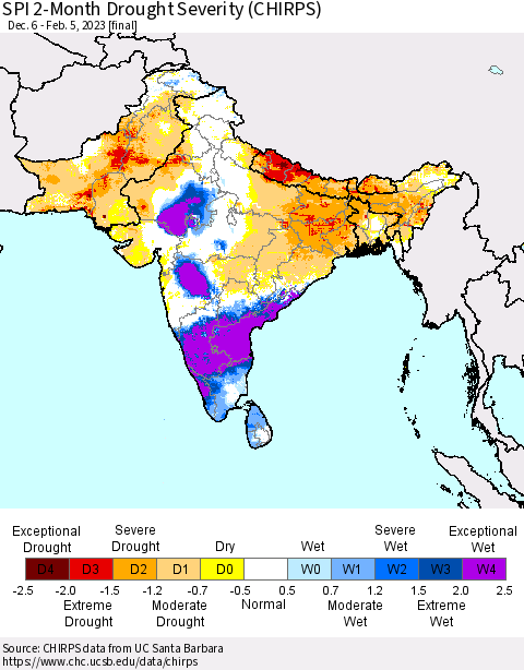 Southern Asia SPI 2-Month Drought Severity (CHIRPS) Thematic Map For 12/6/2022 - 2/5/2023