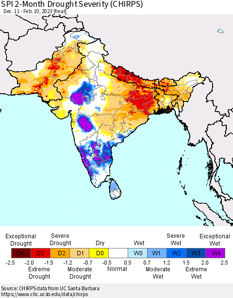 Southern Asia SPI 2-Month Drought Severity (CHIRPS) Thematic Map For 12/11/2022 - 2/10/2023
