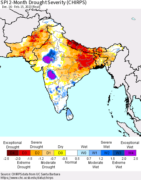 Southern Asia SPI 2-Month Drought Severity (CHIRPS) Thematic Map For 12/16/2022 - 2/15/2023