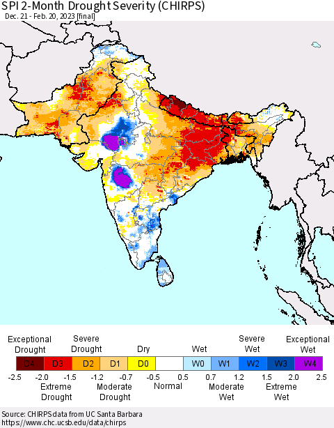 Southern Asia SPI 2-Month Drought Severity (CHIRPS) Thematic Map For 12/21/2022 - 2/20/2023