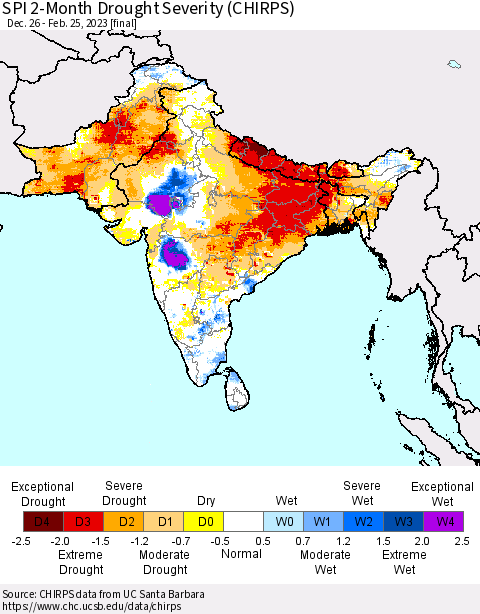 Southern Asia SPI 2-Month Drought Severity (CHIRPS) Thematic Map For 12/26/2022 - 2/25/2023