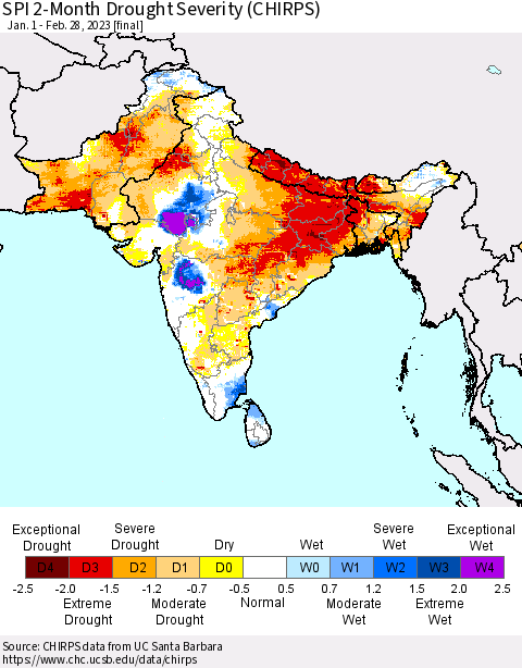 Southern Asia SPI 2-Month Drought Severity (CHIRPS) Thematic Map For 1/1/2023 - 2/28/2023
