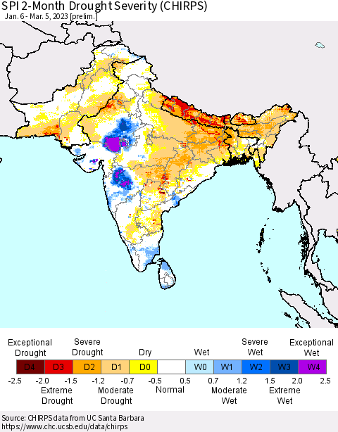Southern Asia SPI 2-Month Drought Severity (CHIRPS) Thematic Map For 1/6/2023 - 3/5/2023