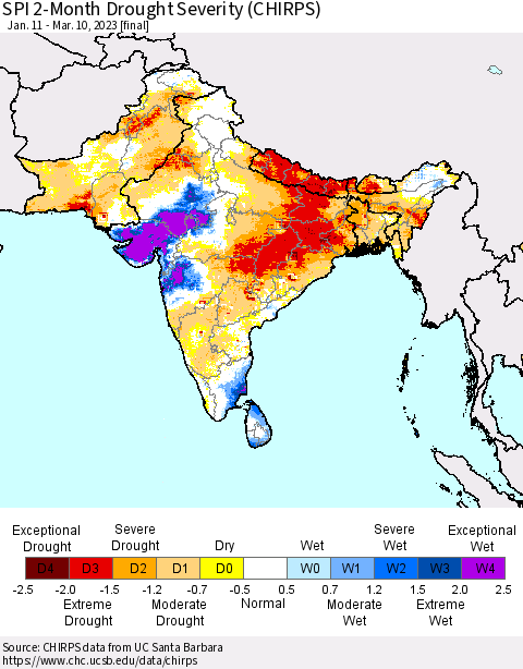 Southern Asia SPI 2-Month Drought Severity (CHIRPS) Thematic Map For 1/11/2023 - 3/10/2023