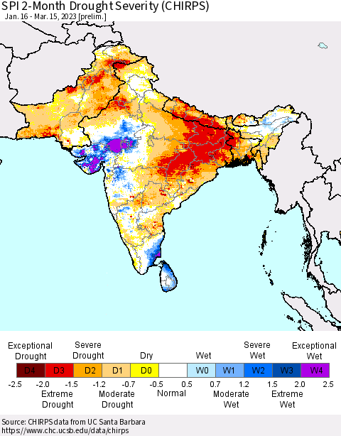 Southern Asia SPI 2-Month Drought Severity (CHIRPS) Thematic Map For 1/16/2023 - 3/15/2023