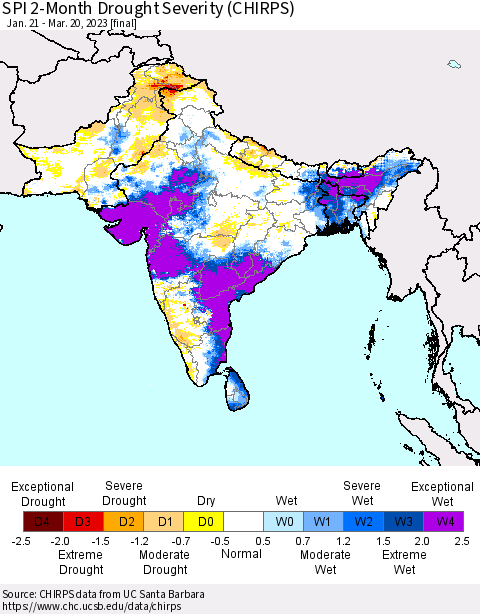 Southern Asia SPI 2-Month Drought Severity (CHIRPS) Thematic Map For 1/21/2023 - 3/20/2023