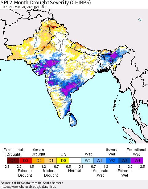 Southern Asia SPI 2-Month Drought Severity (CHIRPS) Thematic Map For 1/21/2023 - 3/20/2023