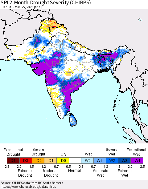 Southern Asia SPI 2-Month Drought Severity (CHIRPS) Thematic Map For 1/26/2023 - 3/25/2023