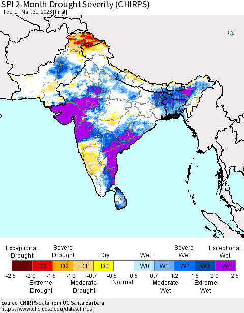 Southern Asia SPI 2-Month Drought Severity (CHIRPS) Thematic Map For 2/1/2023 - 3/31/2023