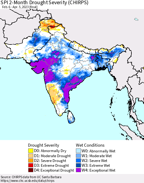 Southern Asia SPI 2-Month Drought Severity (CHIRPS) Thematic Map For 2/6/2023 - 4/5/2023