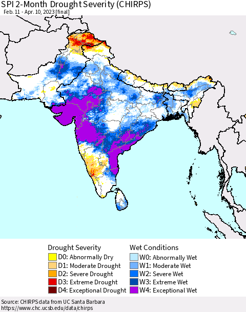 Southern Asia SPI 2-Month Drought Severity (CHIRPS) Thematic Map For 2/11/2023 - 4/10/2023
