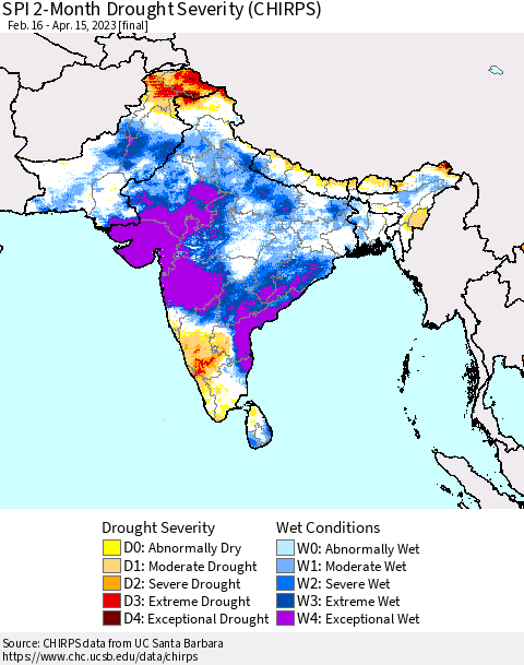 Southern Asia SPI 2-Month Drought Severity (CHIRPS) Thematic Map For 2/16/2023 - 4/15/2023