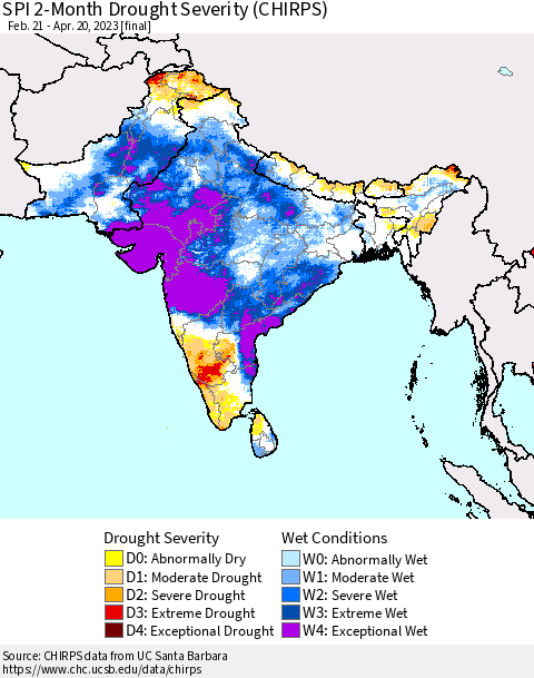 Southern Asia SPI 2-Month Drought Severity (CHIRPS) Thematic Map For 2/21/2023 - 4/20/2023