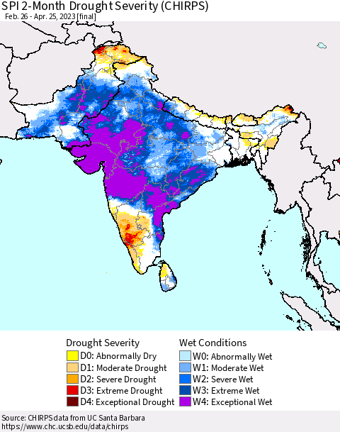 Southern Asia SPI 2-Month Drought Severity (CHIRPS) Thematic Map For 2/26/2023 - 4/25/2023