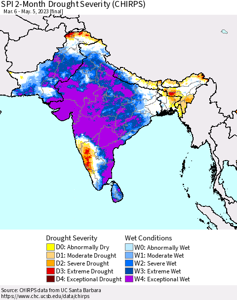 Southern Asia SPI 2-Month Drought Severity (CHIRPS) Thematic Map For 3/6/2023 - 5/5/2023
