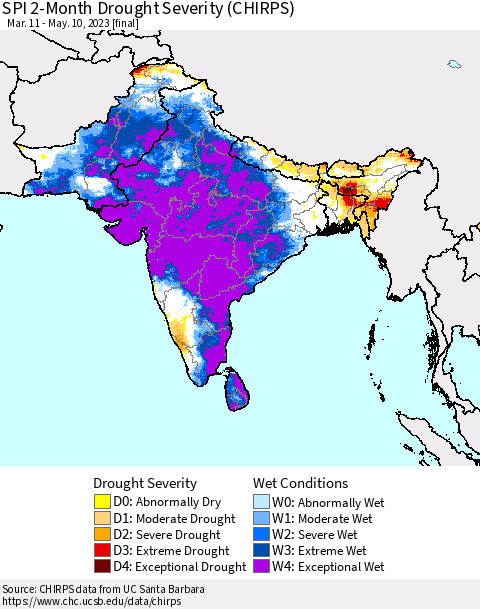 Southern Asia SPI 2-Month Drought Severity (CHIRPS) Thematic Map For 3/11/2023 - 5/10/2023