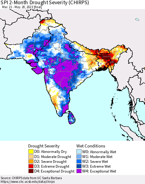Southern Asia SPI 2-Month Drought Severity (CHIRPS) Thematic Map For 3/21/2023 - 5/20/2023