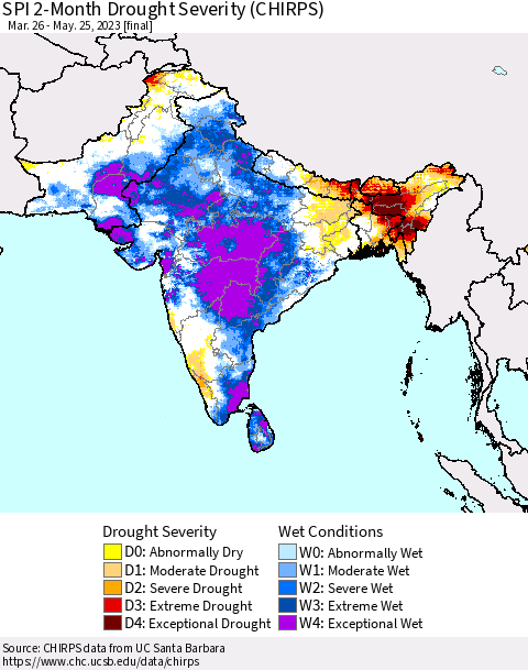 Southern Asia SPI 2-Month Drought Severity (CHIRPS) Thematic Map For 3/26/2023 - 5/25/2023