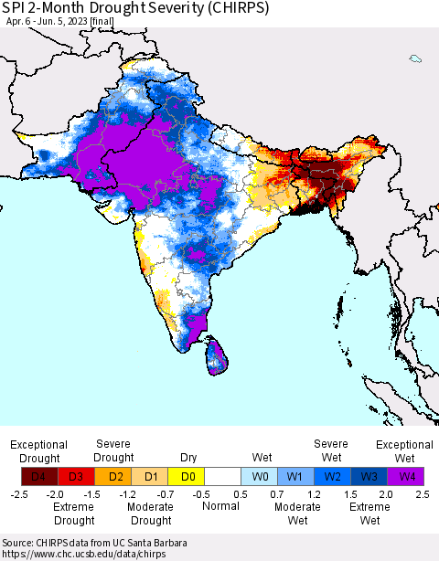 Southern Asia SPI 2-Month Drought Severity (CHIRPS) Thematic Map For 4/6/2023 - 6/5/2023