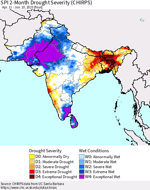 Southern Asia SPI 2-Month Drought Severity (CHIRPS) Thematic Map For 4/11/2023 - 6/10/2023