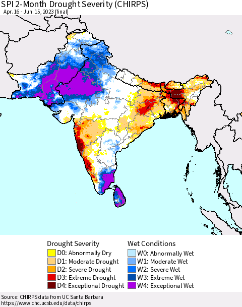 Southern Asia SPI 2-Month Drought Severity (CHIRPS) Thematic Map For 4/16/2023 - 6/15/2023
