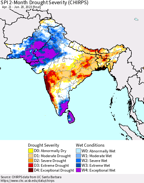 Southern Asia SPI 2-Month Drought Severity (CHIRPS) Thematic Map For 4/21/2023 - 6/20/2023