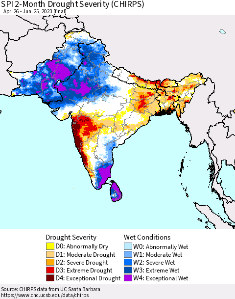 Southern Asia SPI 2-Month Drought Severity (CHIRPS) Thematic Map For 4/26/2023 - 6/25/2023